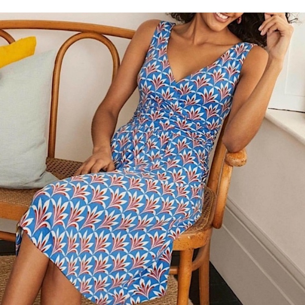 Boden Effie V-Neck Stretch Jersey Faux Wrap Dress Moroccan Blue Palm Petal 8L